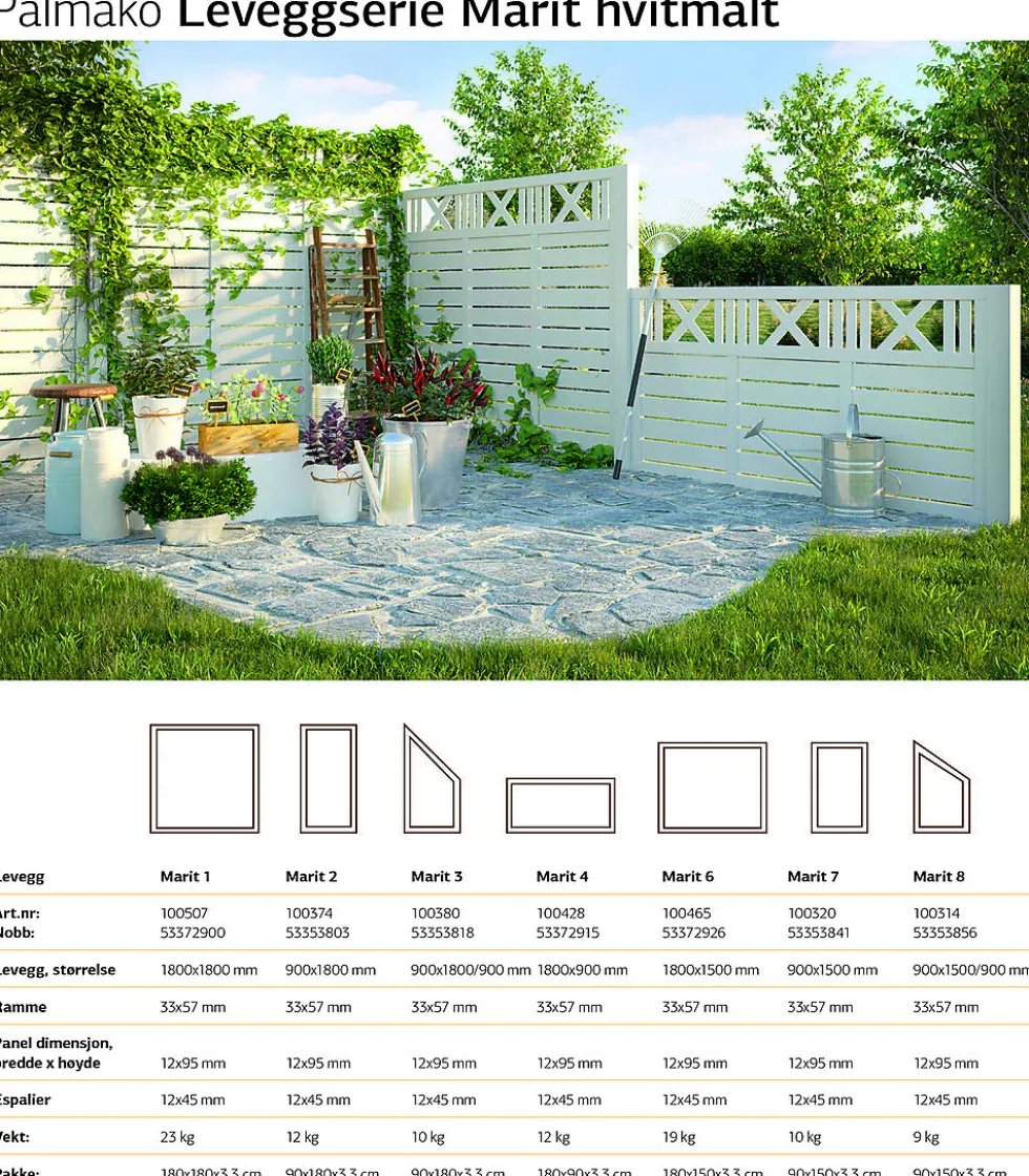 Levegg Marit1 180x180 cm hvitmalt 33x57 mm 12 mm panel