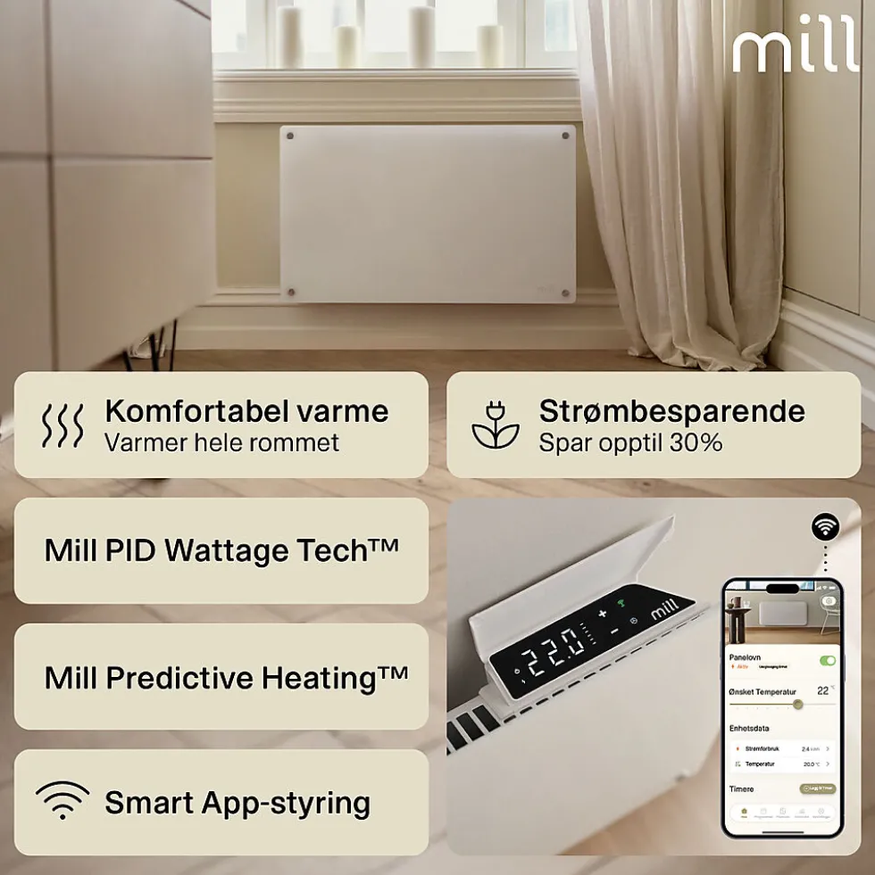 Mill panelovn glass WiFi Gen 4 700W hvit