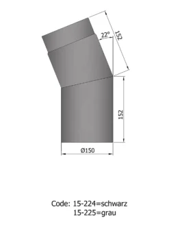 Røykrør vinkel ø150mm 22° kort sort